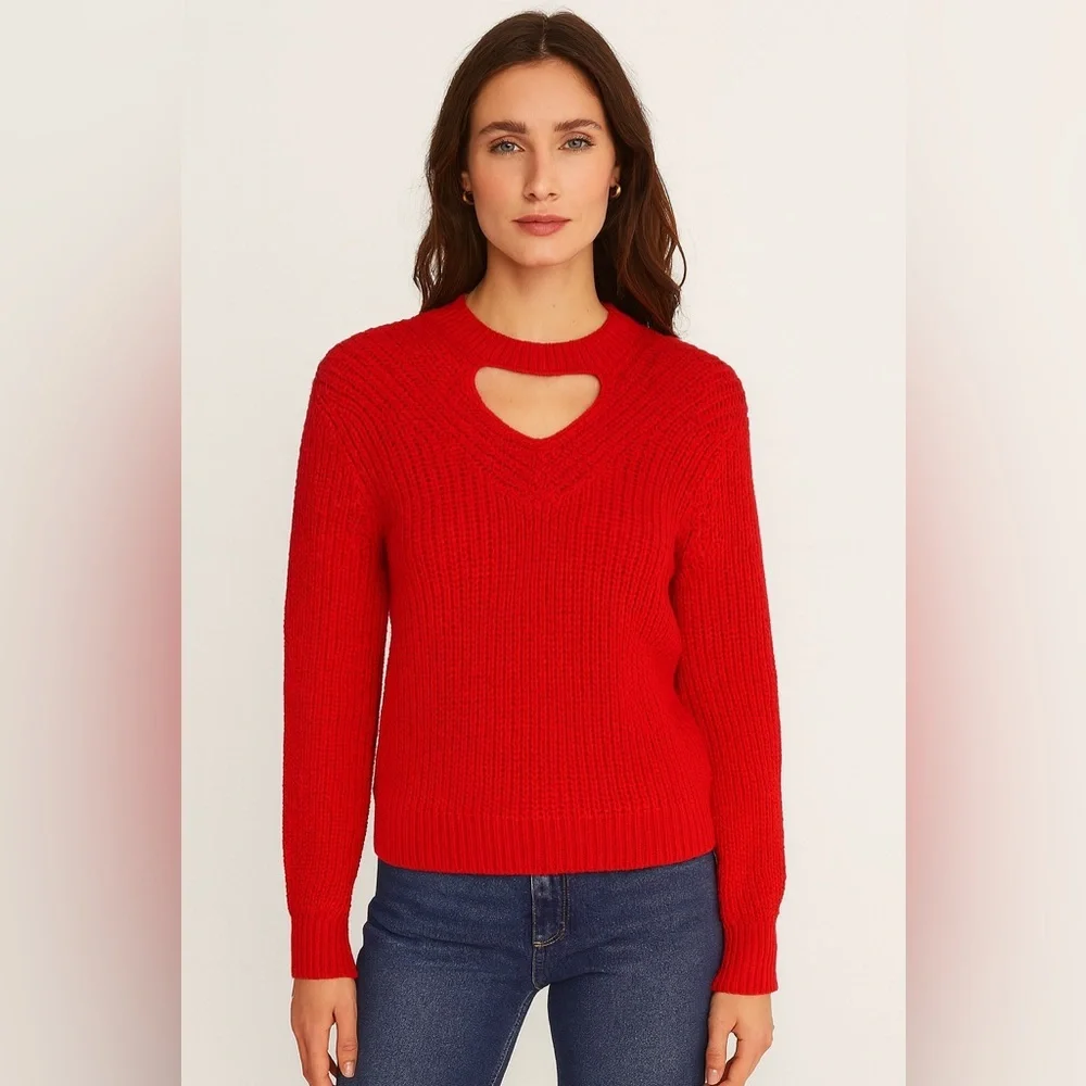 New York & Company Red‎ Knit Sweater Size M Cozy Cutout Neck Trendy Fall/Winter